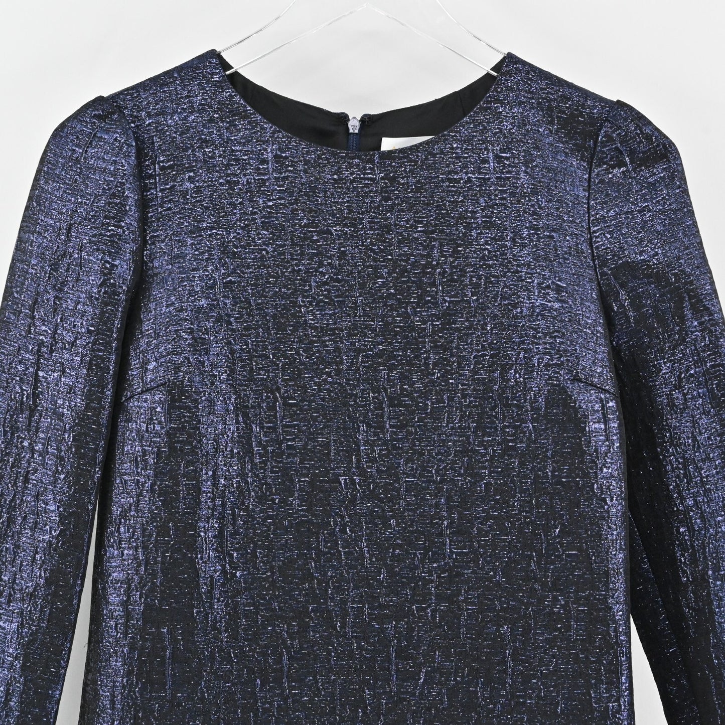 ARIANA ROCKEFELLER Dress Size 0 Silk Black Blue Metallic Long Sleeve Shift Silk