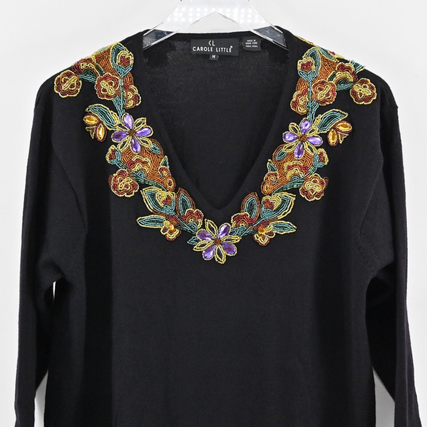 Vtg CAROLE LITTLE Sweater Womens Sz M Floral Beaded Black Wool Knit V Neck Retro