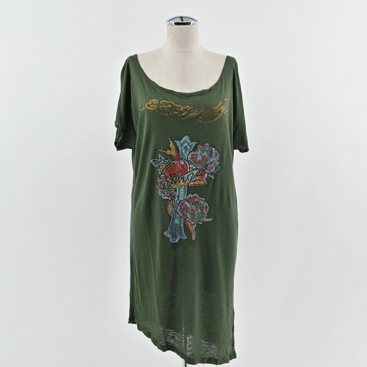 Ed Hardy Rhinestone Embellished Dress Size M Olive Green Y2k Edgy Grunge Indie