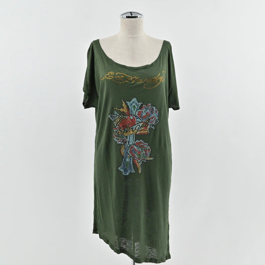 Ed Hardy Rhinestone Embellished Dress Size M Olive Green Y2k Edgy Grunge Indie