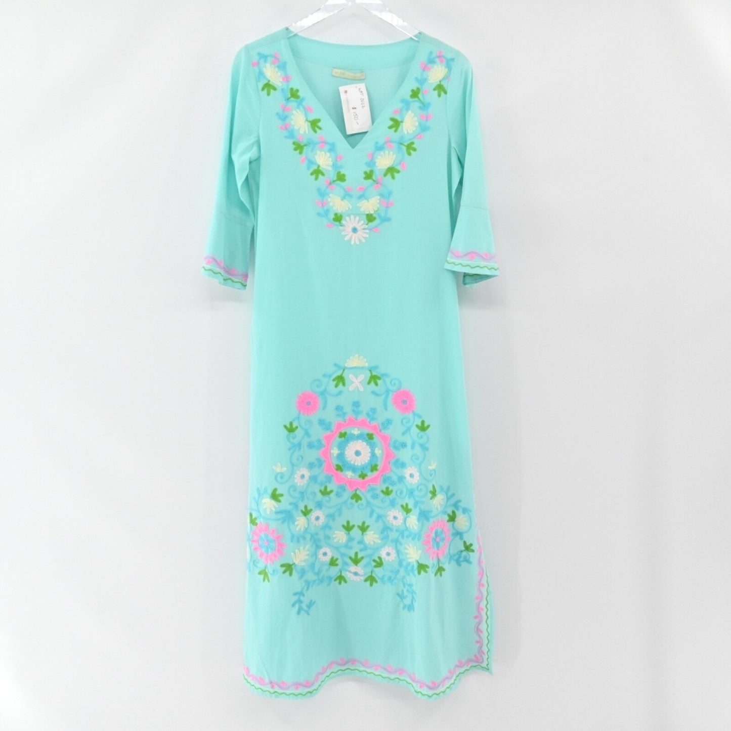 UNE BELLE TROUVAILLE Embroidered Maxi Dress Size M Blue Resort Floral Cotton NEW
