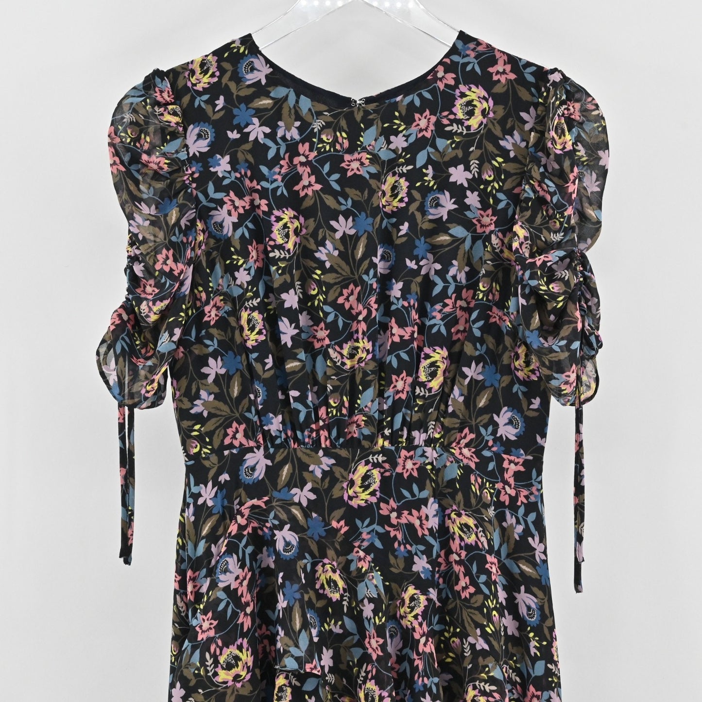 CeCe Tiered Midi Dress Size 2 Black Asymmetric Floral Print Ruched Short Sleeve