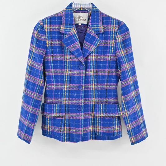 Vtg FLORA DONNA Blazer Womens Size 2 Neon Plaid Tweed Single Breasted Jacket