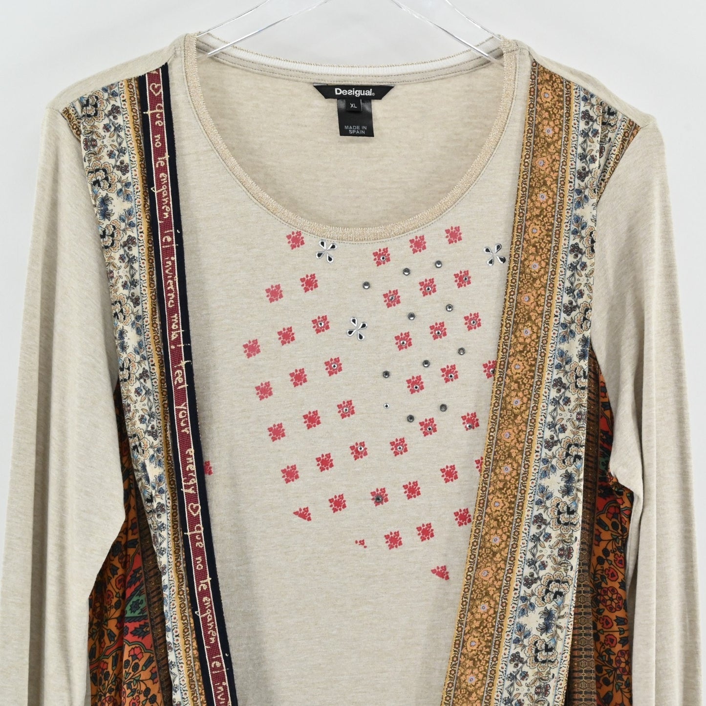 Desigual Womens Tie Front Patchwork Top Size XL Bohemian Artistic Long Sleeve