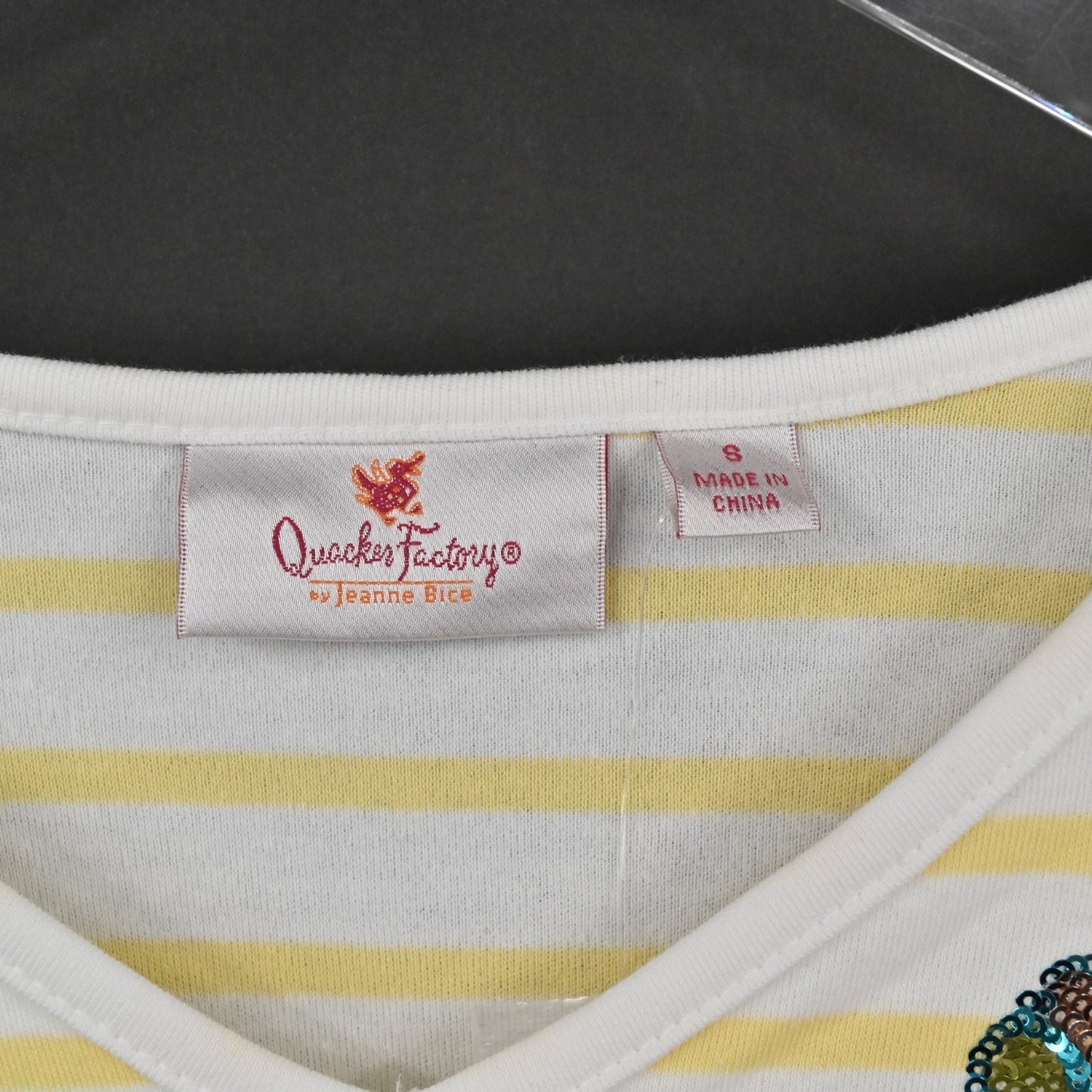 Quacker Factory Womens Sequin Butterfly Top Size S Yellow White Stripe Knit NEW