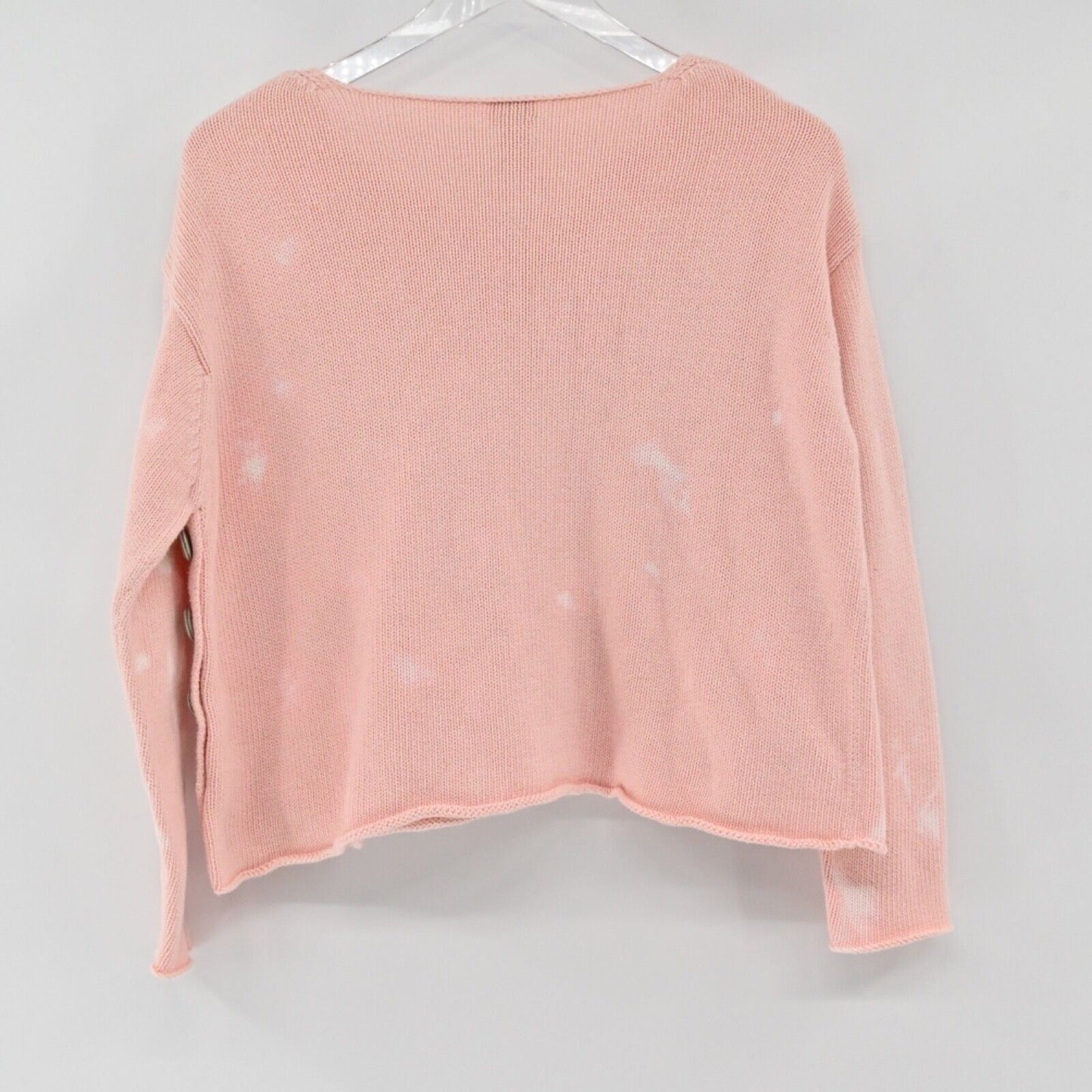J JILL Sweater Womens Sz XSP Pink Bleach Splatter 100% Cotton VNeck Side Button