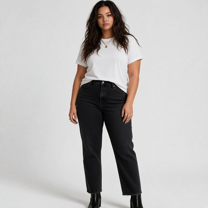 Model wearing Lynn's Closet Boutique Abercrombie & Fitch black straight-leg ankle jeans with a white t-shirt