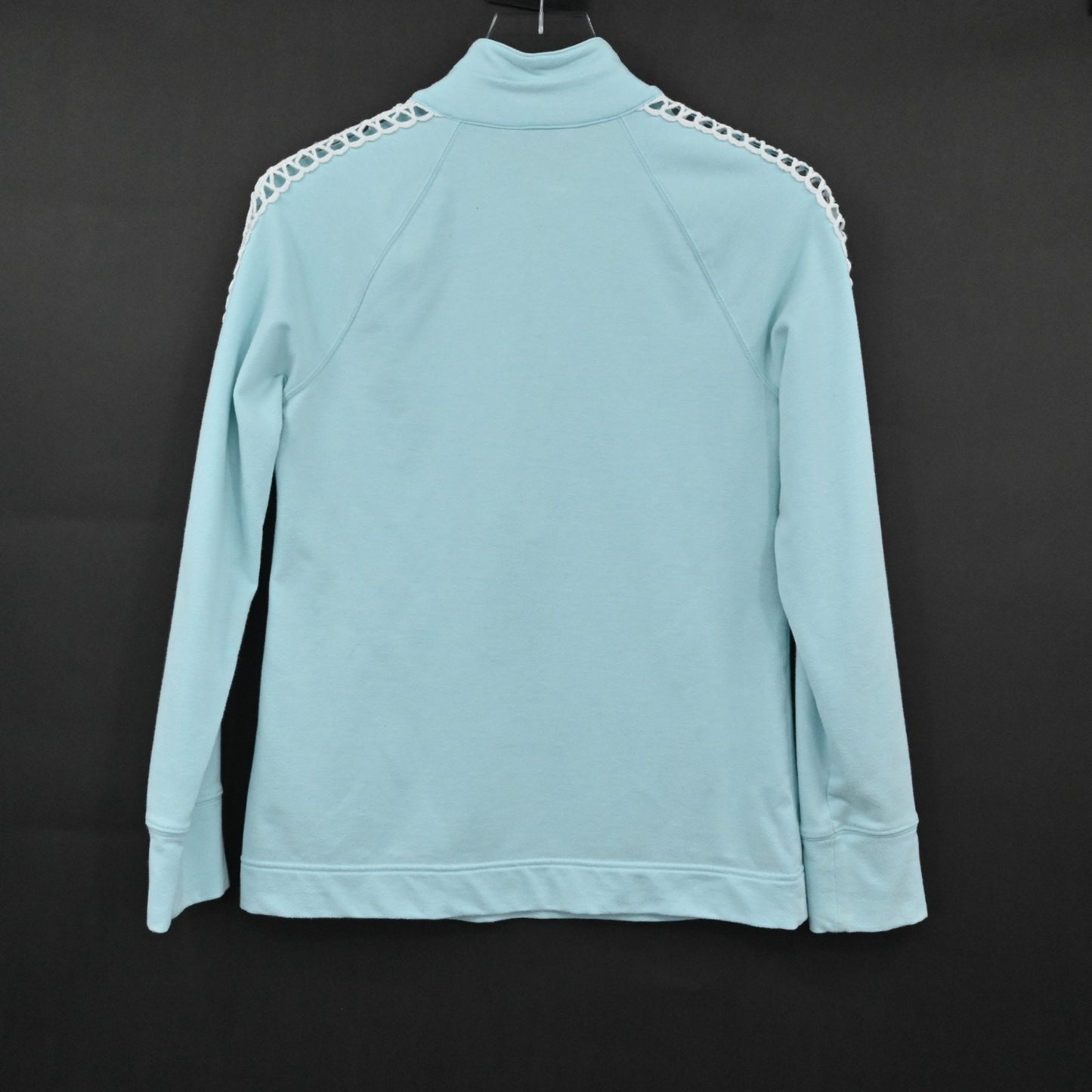 Lilly Pulitzer Womens Skipper Pullover Size S Teal Mock Neck Crochet Sweatshirt