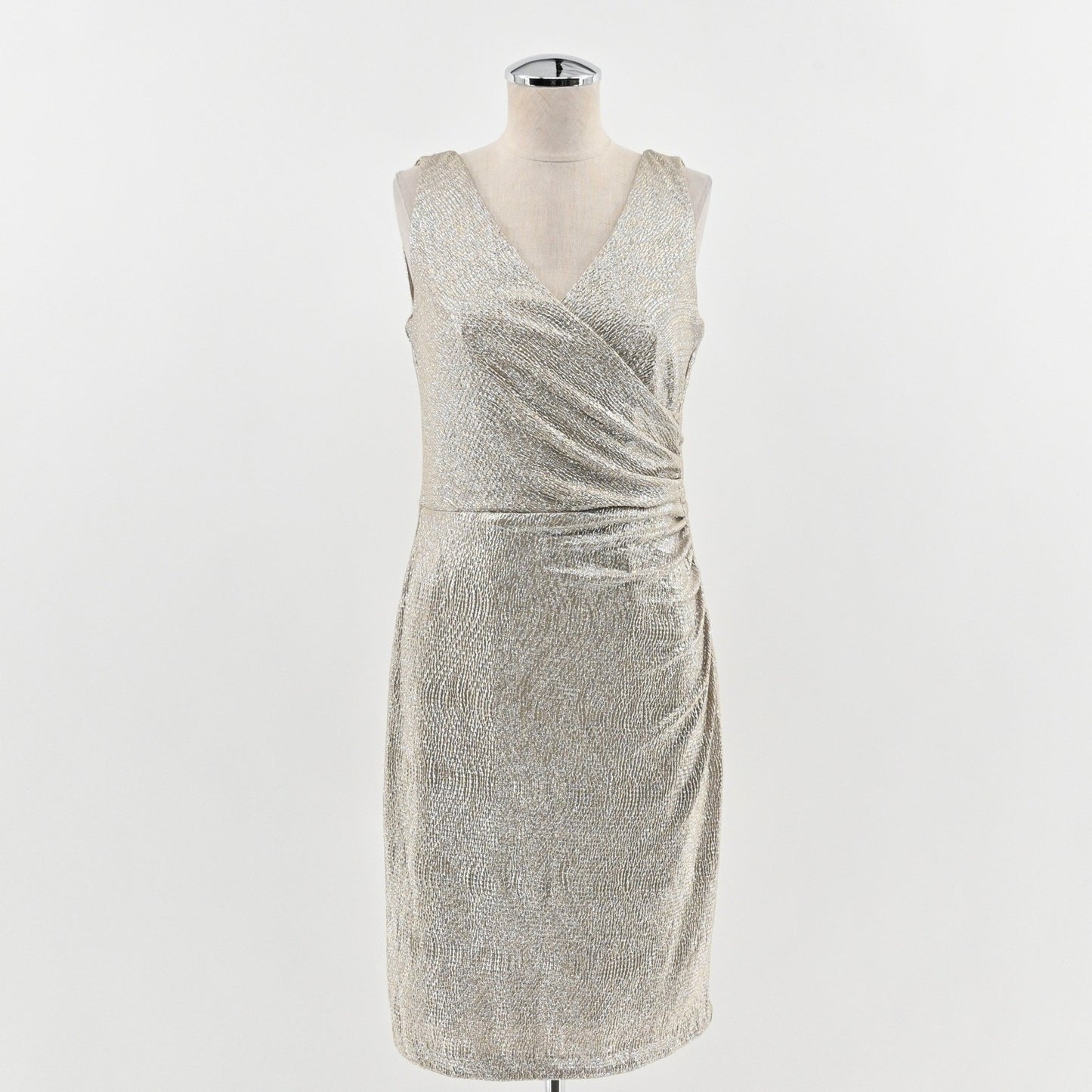 Ralph Lauren Metallic Faux Wrap Dress Size 10P Gold Sleeveless Sheath Cocktail