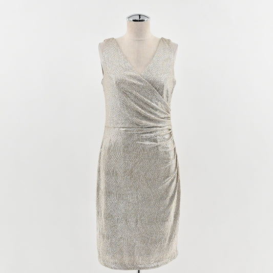 Ralph Lauren Metallic Faux Wrap Dress Size 10P Gold Sleeveless Sheath Cocktail