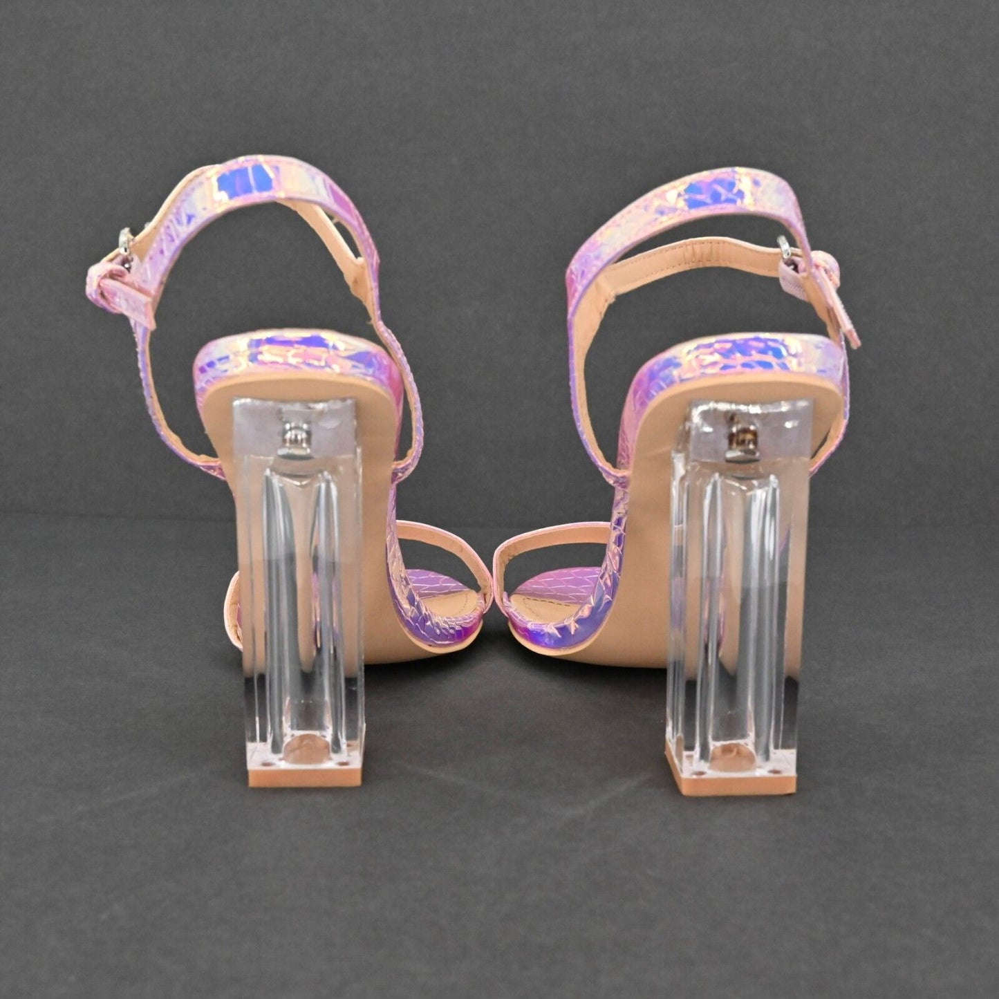 CAPE ROBBIN Heels Womens Size 8.5 Iridescent Purple Croc Clear Block Ankle Strap