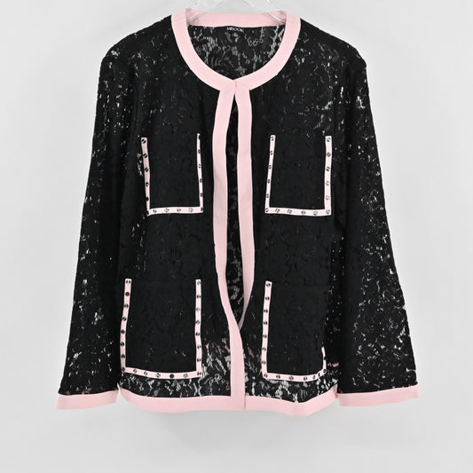 Misook Womens Black Lace Jacket Size XL Pink Trim Studded Patch Pocket Sheer