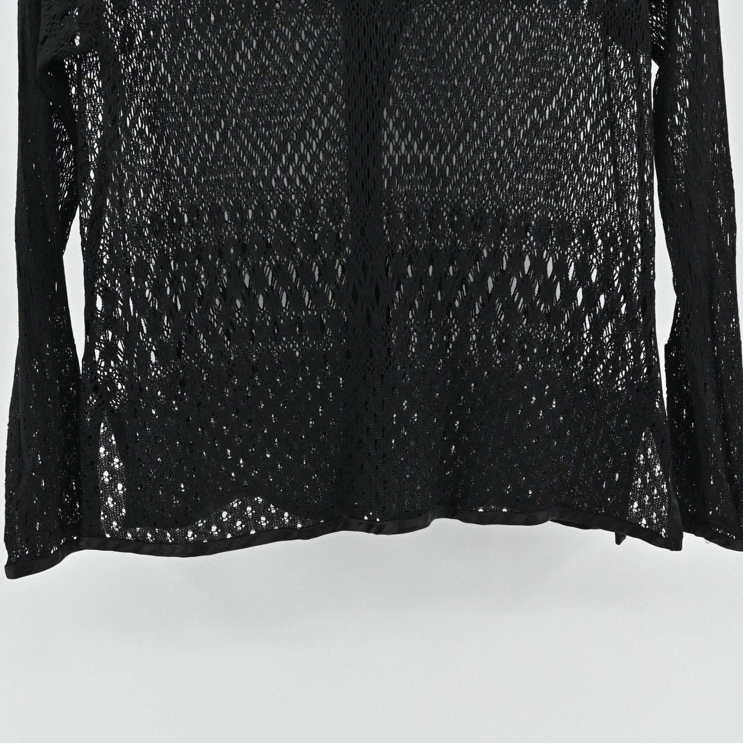 Vtg Y2k Mica Womens Black Knit Crochet Top Size 4 Sheer Mesh Button Long Sleeve