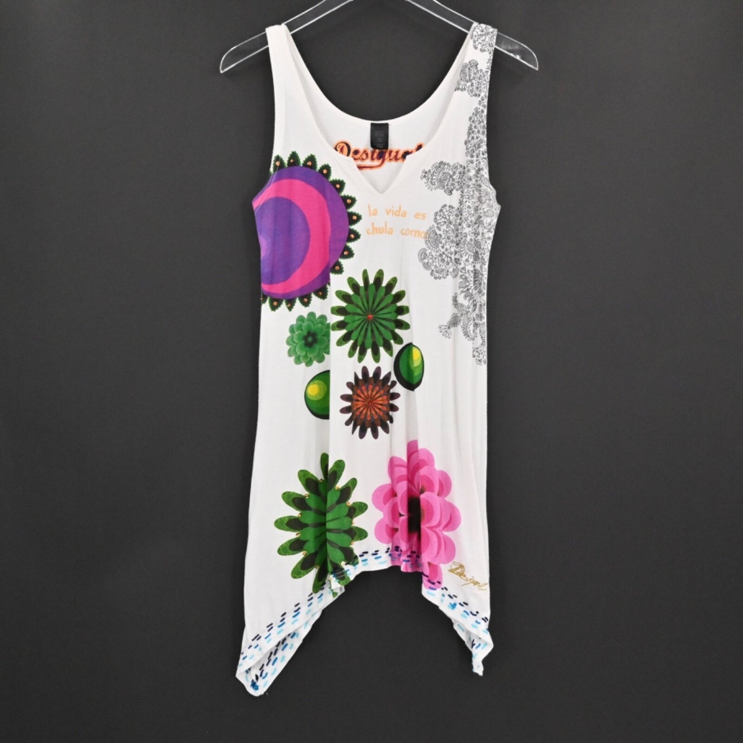 Vtg DESIGUAL Womens Sequin Embroidered Dress Size M White Tunic Mini Floral Y2k