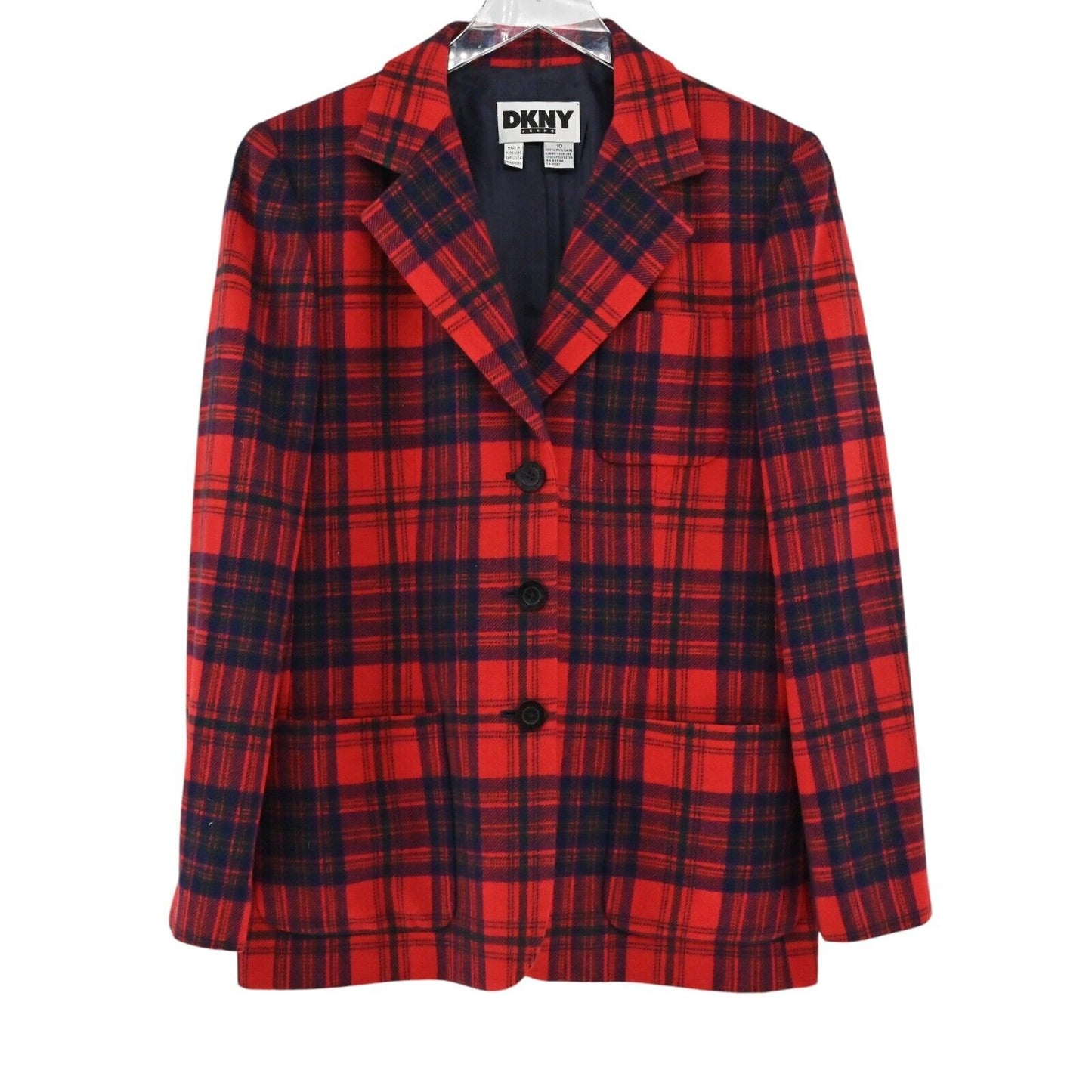 Vtg DKNY Blazer Womens Sz 10 Red Blue Plaid 100% Wool Tweed Preppy Academia 80s