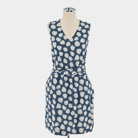 THEORY Womens Ruchia Silk Dress Size 6 Ikat Dot Sleeveless Blue Cream Stretch