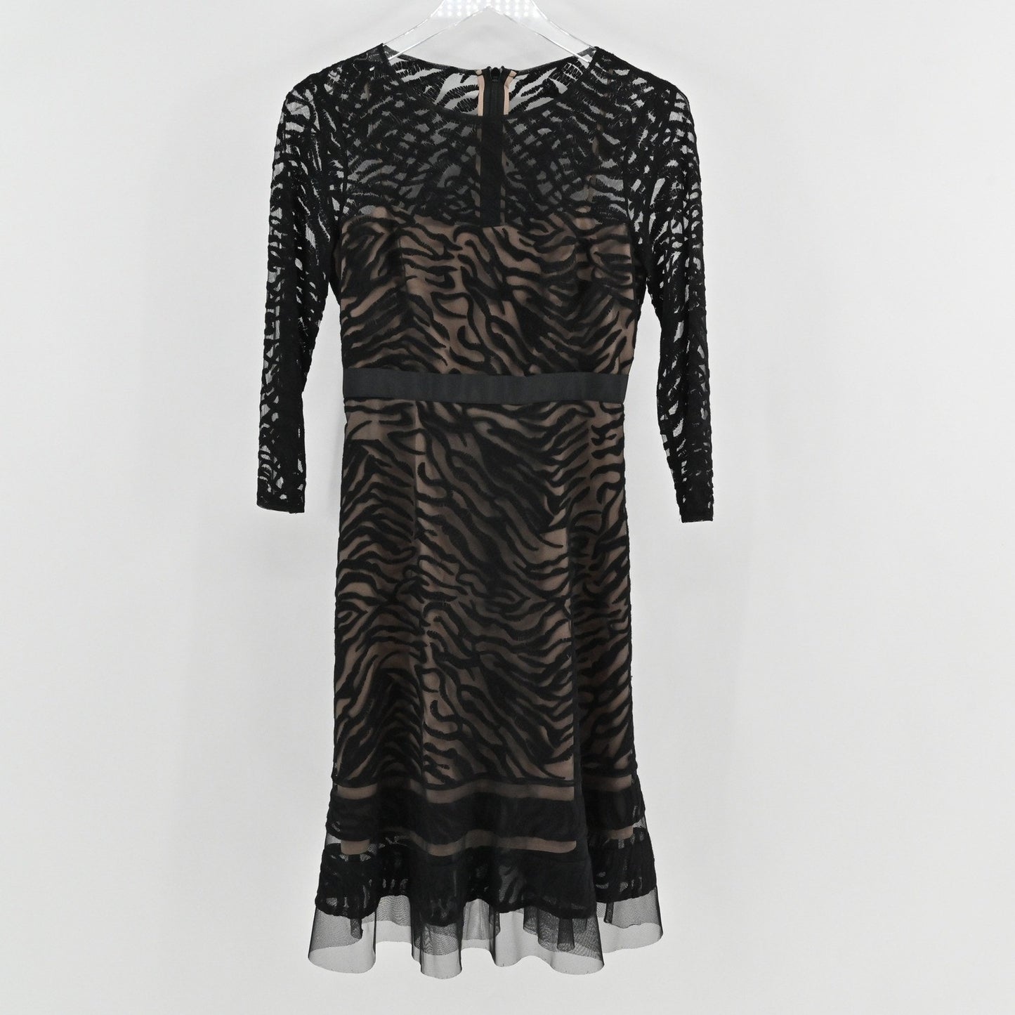 BCBGMAXAZRIA Velvet Burnout Midi Dress Sz 0 Zebra Black Lace Cocktail Whimsical