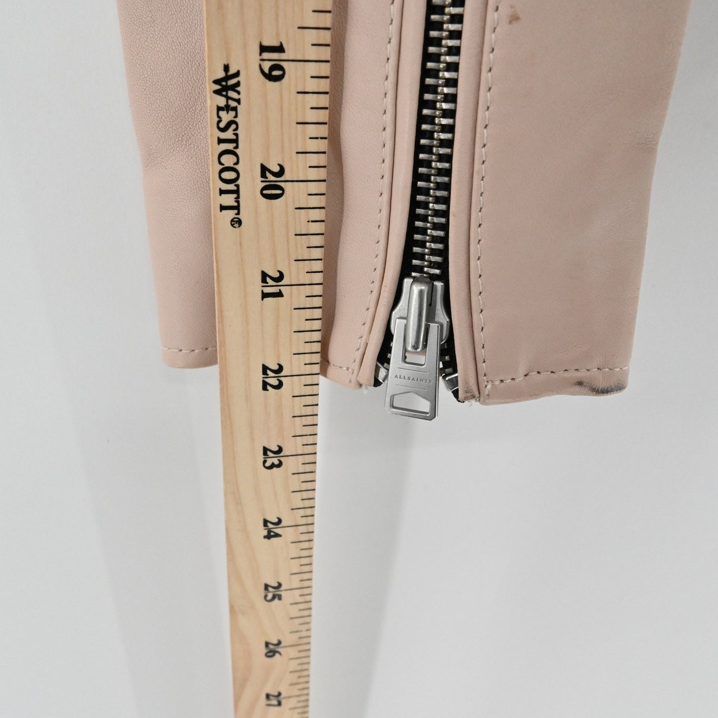 AllSaints Balfern Leather Biker Jacket Size 4 Beige Pink Lamb Rocker Edgy Moto