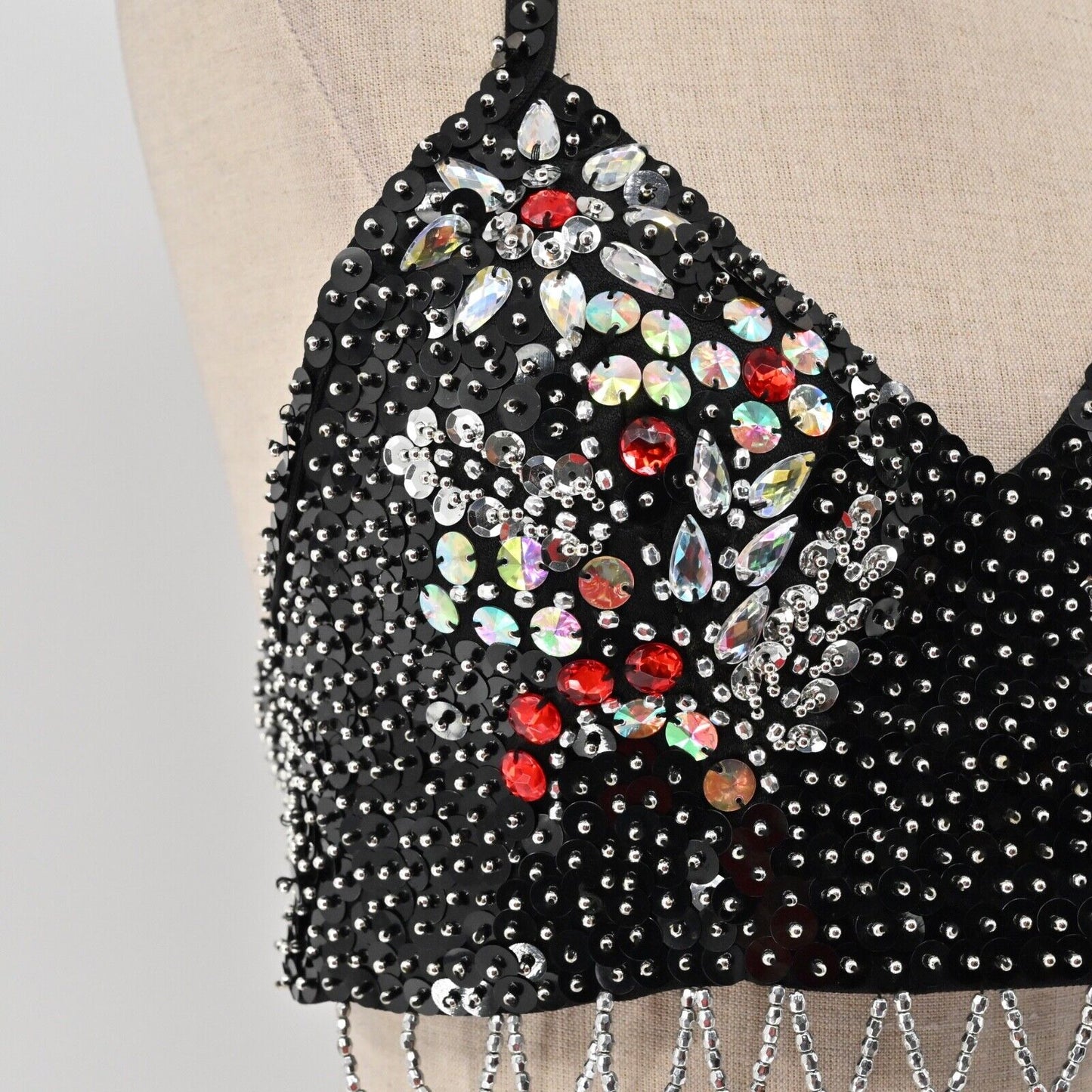 CHARISMATICO Beaded Top Womens Sz M Black Sequin Rhinestone Bustier Halter Crop
