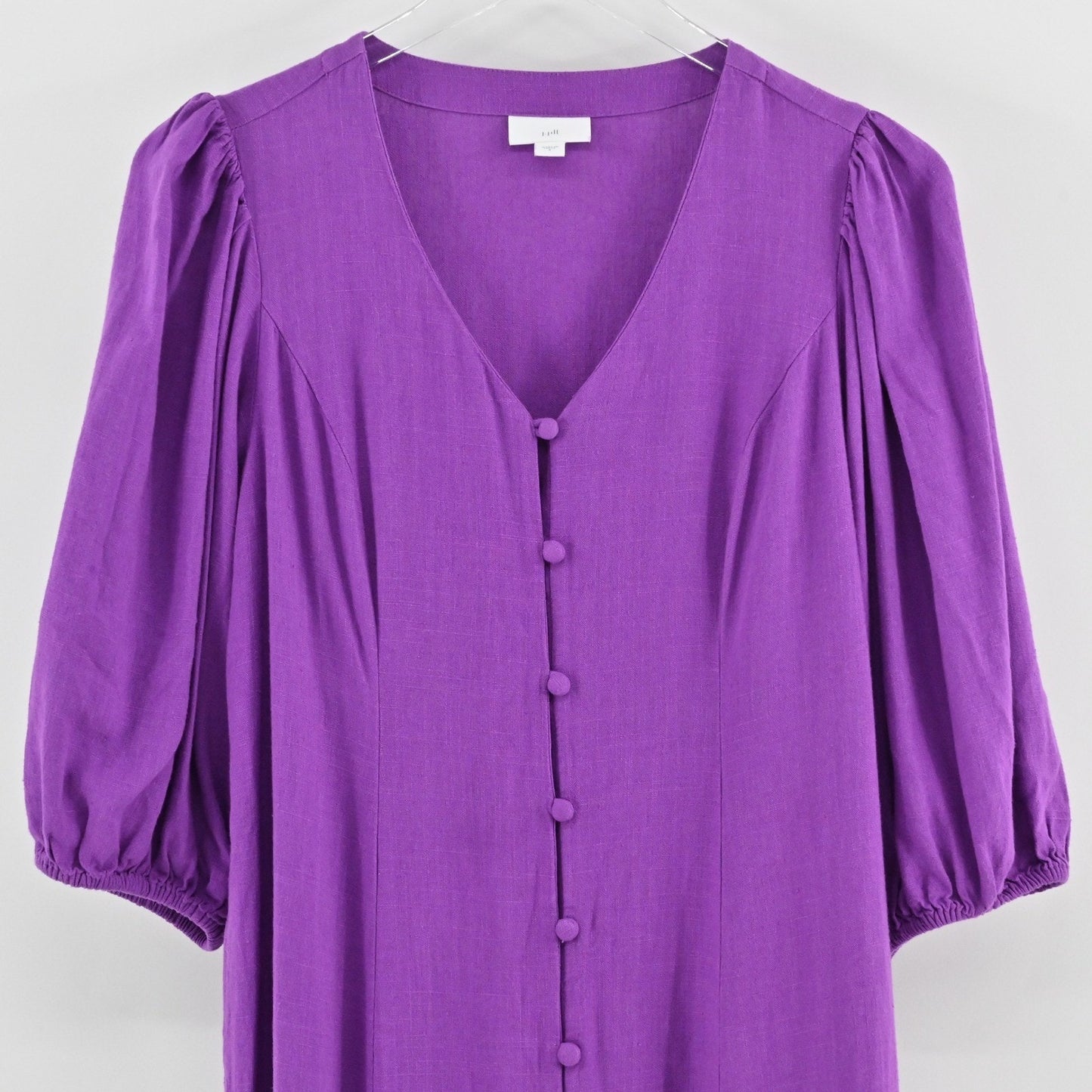 J Jill Linen Midi Dress Size S Purple Puff Sleeve Boho Lagenlook Button Front