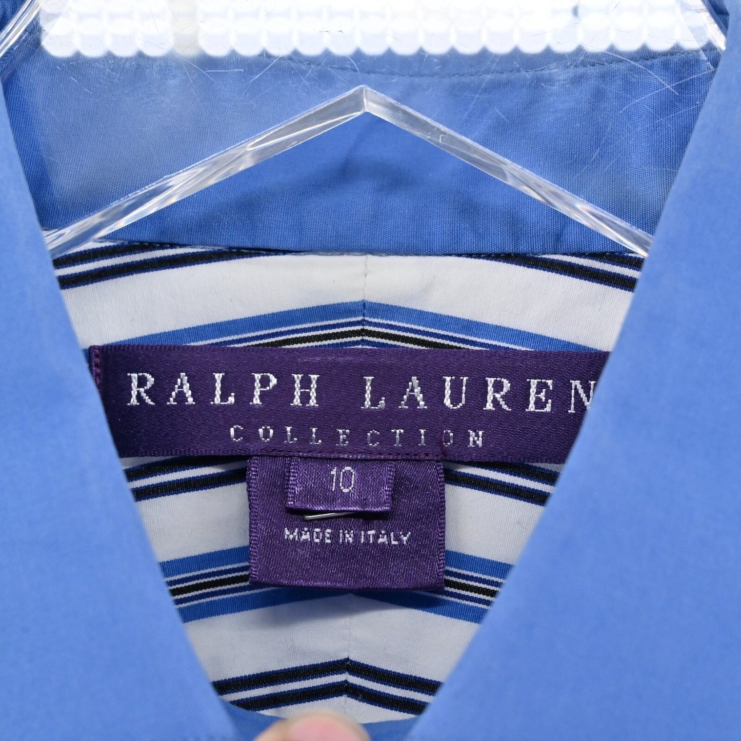 RALPH LAUREN Top Womens Size 10 Purple Label Blue Stripe Button Front Collection