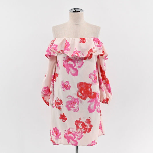 AMANDA Dress Size L Pink Red Floral Print Off Shoulder Ruffle Long Sleeve Mini