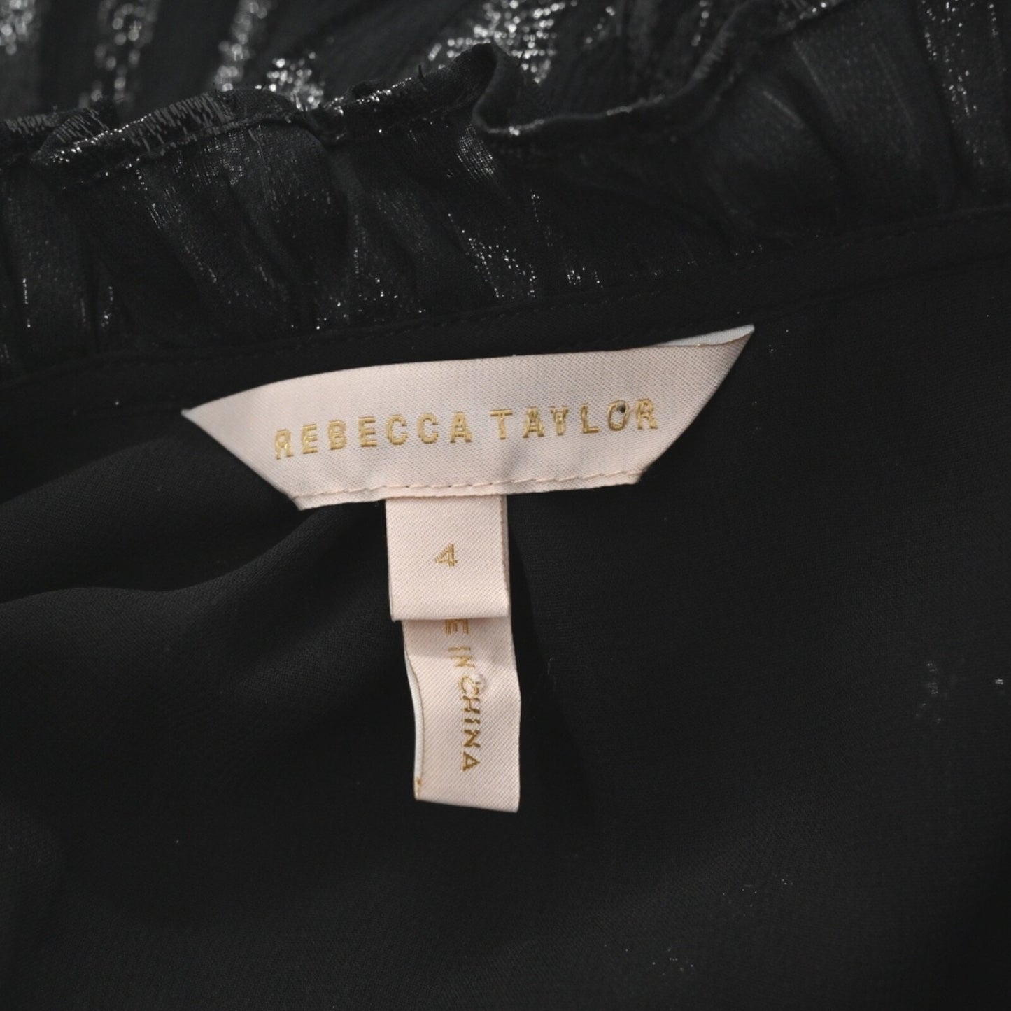 Rebecca Taylor Silk Metallic Top Womens Size 4 Black Safari Ruffle Vamp Glam