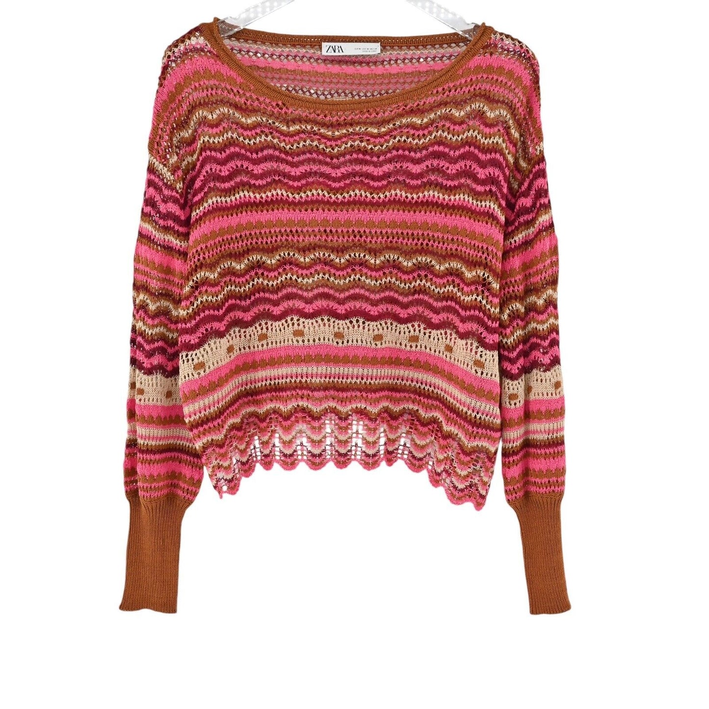 ZARA Sweater Women Sz M Pink Orange Stripe Cotton Blend Open Knit Boat Neck Boho