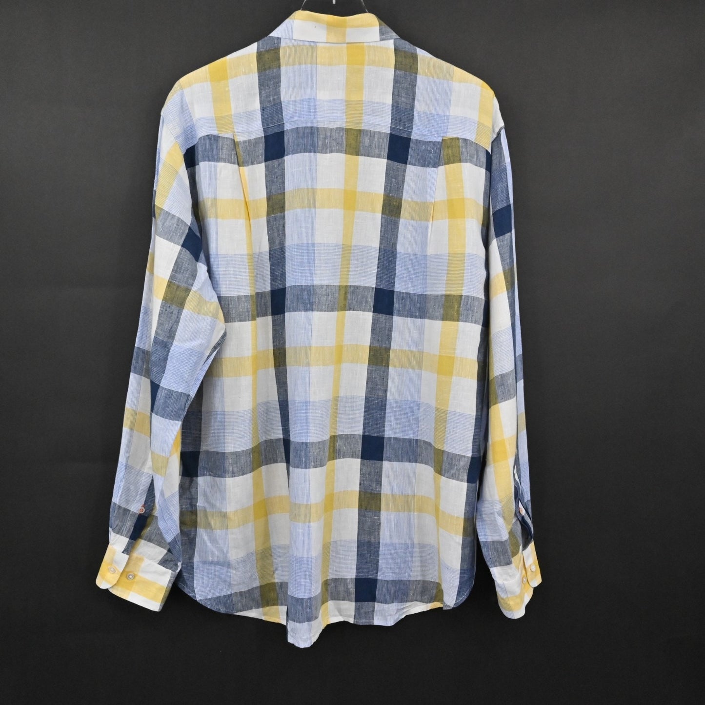 J McLaughlin Mens Plaid Collared Shirt Size XL Linen Blue Yellow Button Down