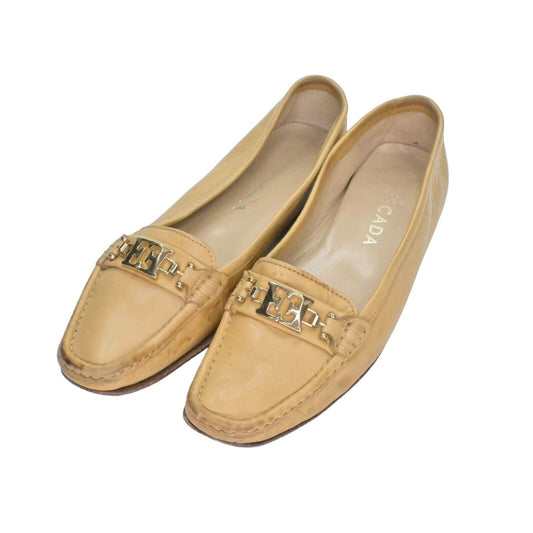 Vtg ESCADA Loafers Womens Size 36 Tan Leather Logo Buckle Square Toe Slip On 90s