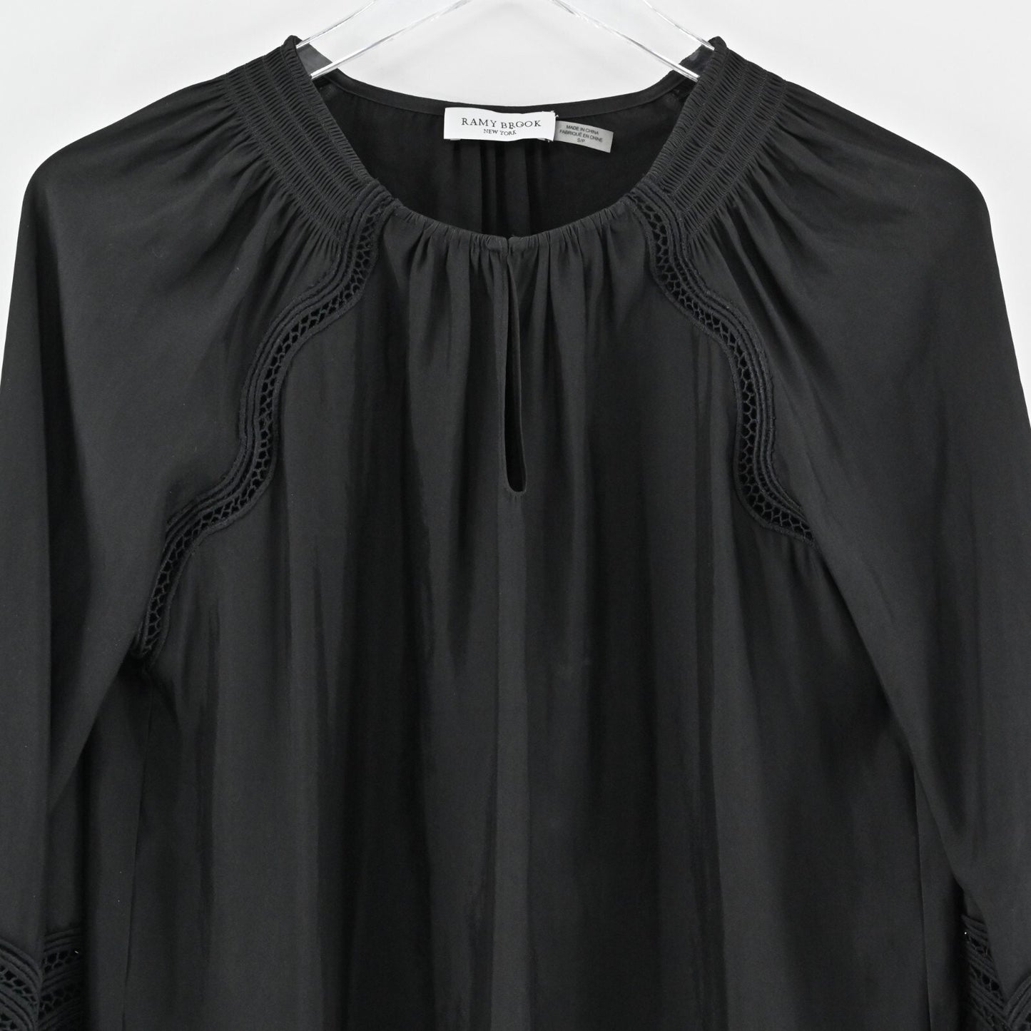 RAMY BROOK Womens Top Size S Black Smocked Keyhole Neck Lace Inset Detail Blouse