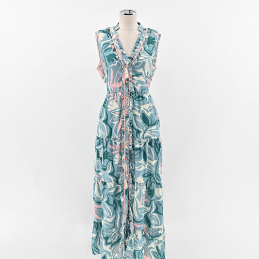 TRUE DESTINATIONS Maxi Dress Size M Blue Floral Tiered Ruffle Sleeveless Button