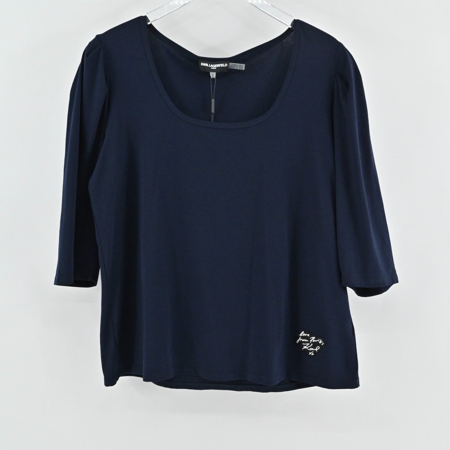 Karl Lagerfeld Womens Navy Blue Top Size XL Puff Sleeve Scoop Neck Cotton NEW