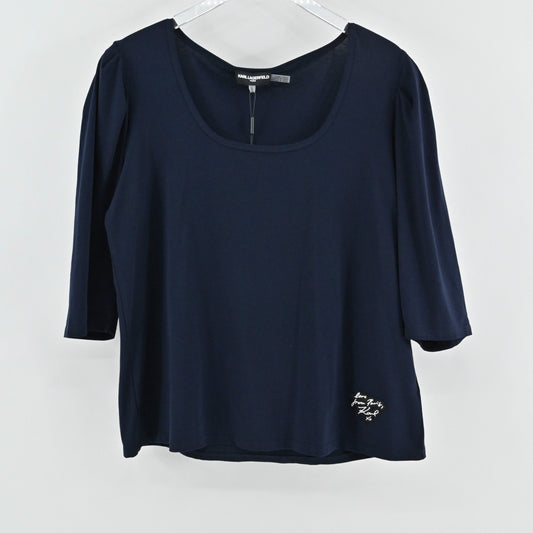 Karl Lagerfeld Womens Navy Blue Top Size XL Puff Sleeve Scoop Neck Cotton NEW