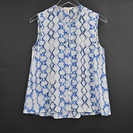 REBECCA TAYLOR Top Womens Sz 4 Exclusive Blue White Print Silk Sleeveless Blouse