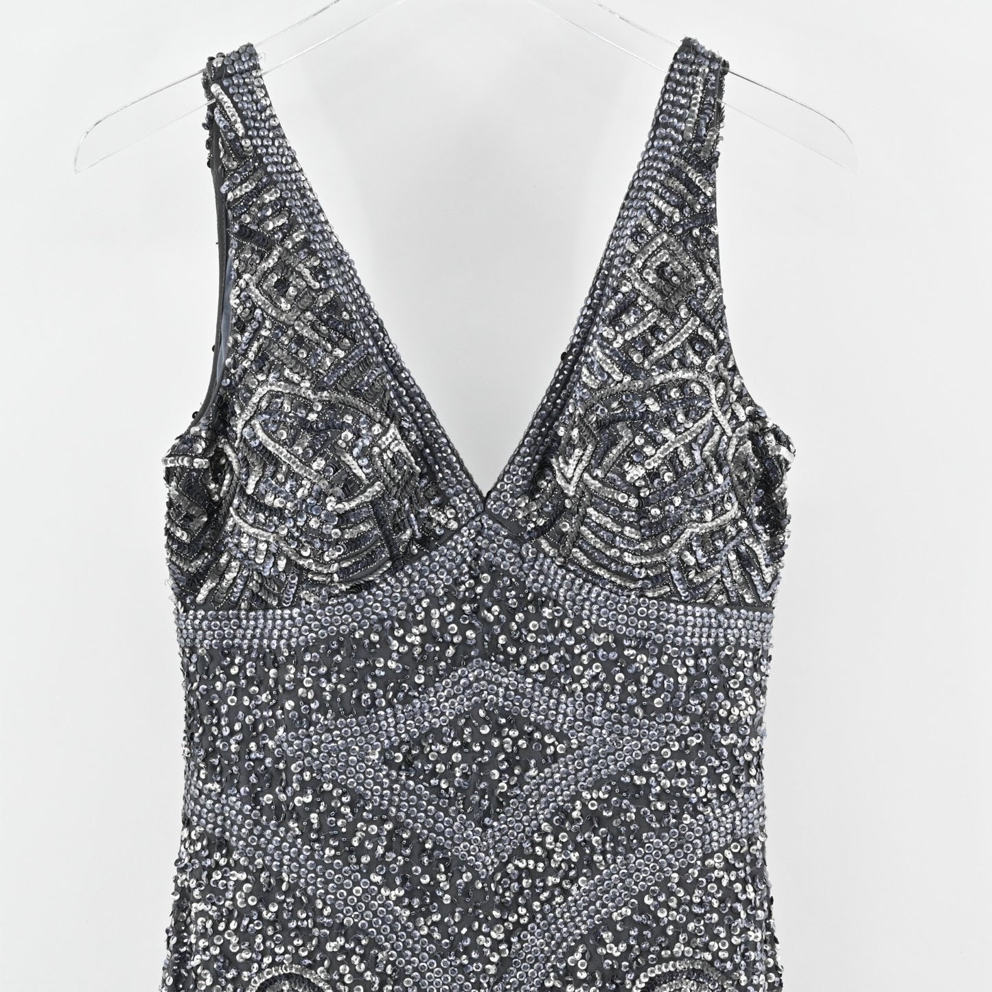AIDAN MATTOX Sequin Maxi Dress Sz 10 VNeck Sleeveless Embellished Gunmetal Gown