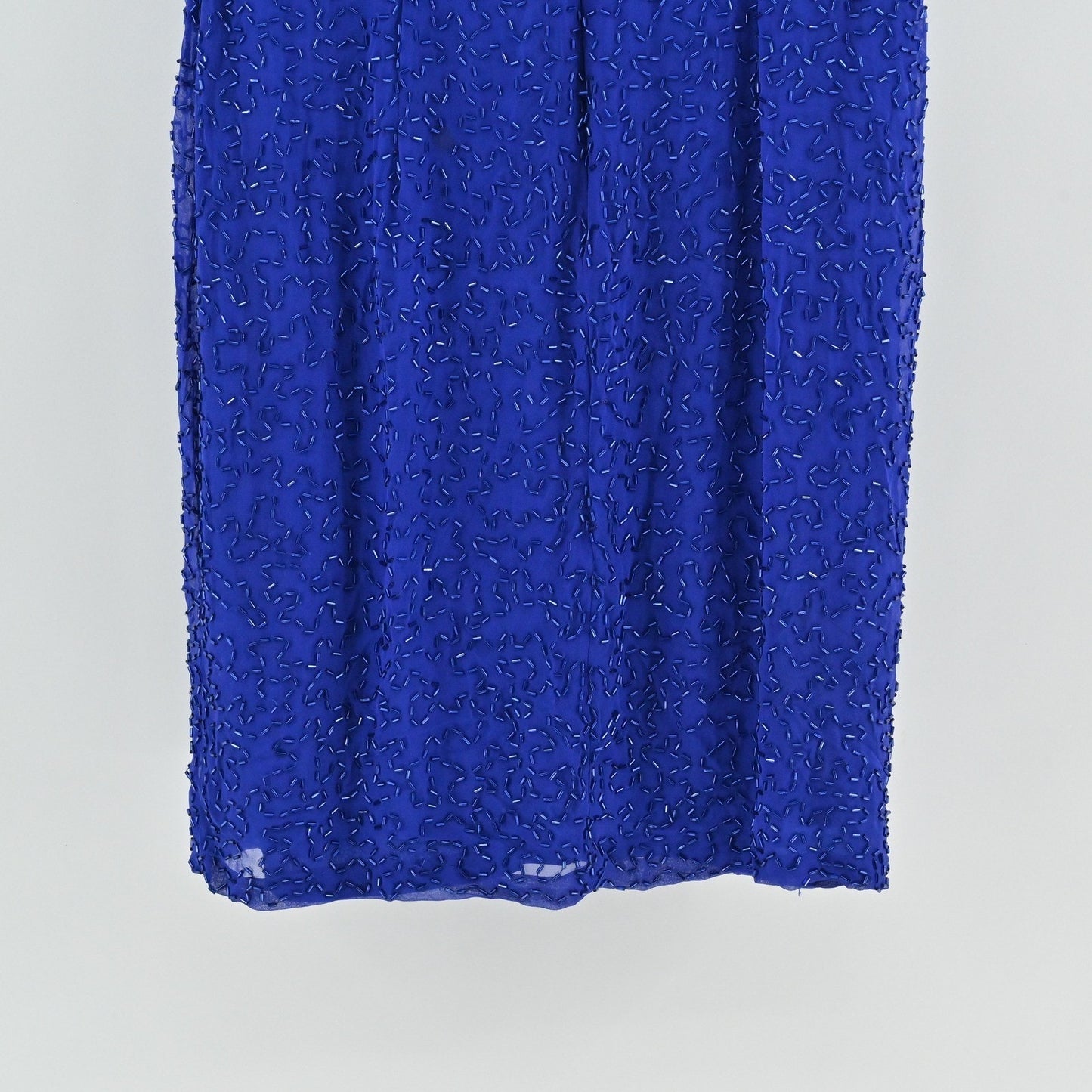 Vtg 80s Niteline Silk Beaded Sequin Dress Size 6 Blue Cocktail High Neck Fringe