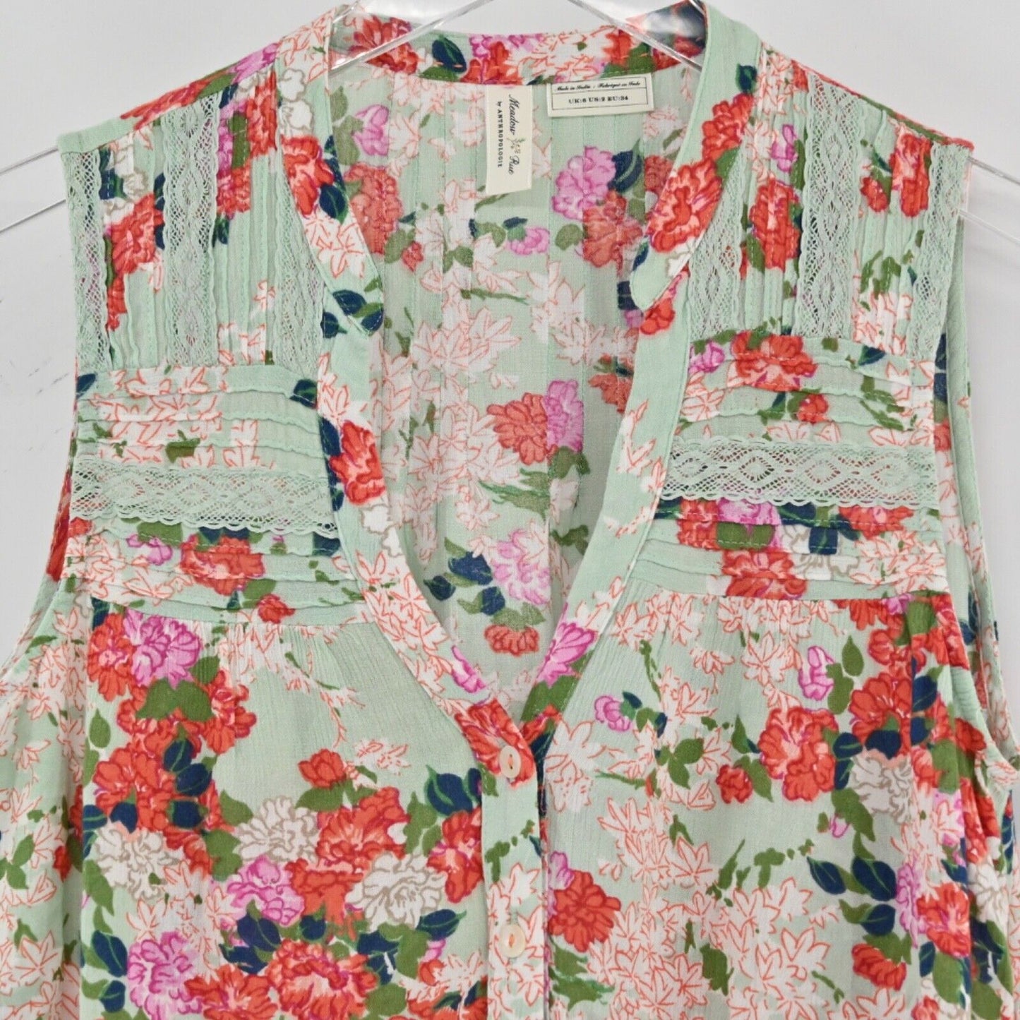 Anthropologie Top Womens Sz 2 MEADOW RUE Sleeveless Button Up Green Floral Lace