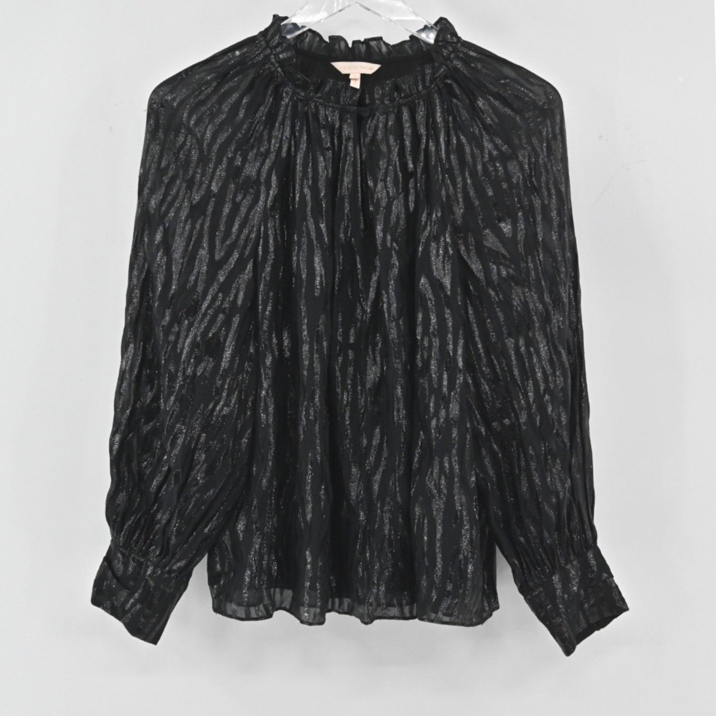 Rebecca Taylor Silk Metallic Top Womens Size 4 Black Safari Ruffle Vamp Glam
