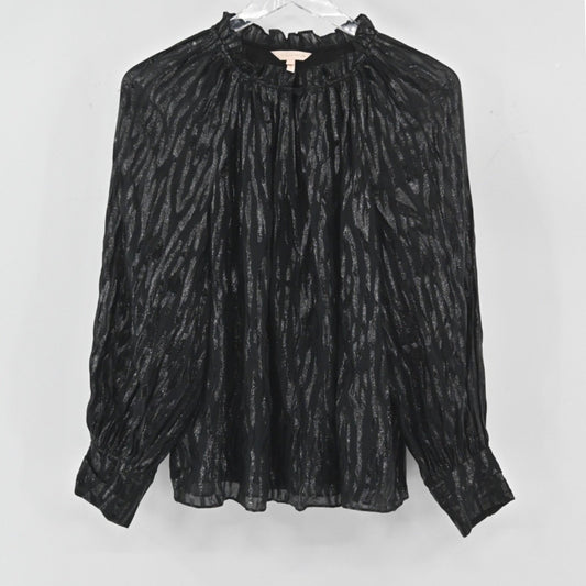 Rebecca Taylor Silk Metallic Top Womens Size 4 Black Safari Ruffle Vamp Glam