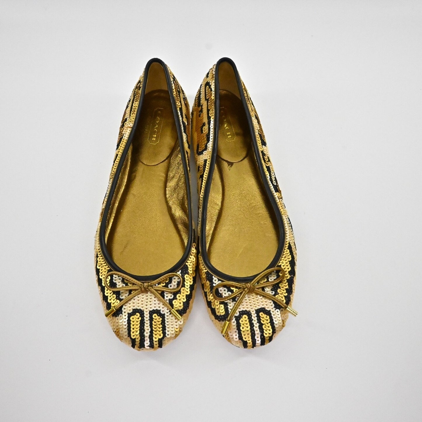 COACH Womens Liah Sequin Bow Ballet Flats Size 6.5 Gold Leopard Print Retro Y2K