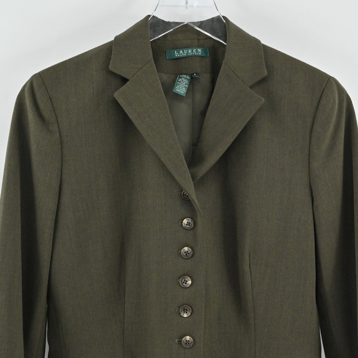 Vtg Ralph Lauren Womens Wool Olive Green Blazer Size 4 Button Front Jacket LRL