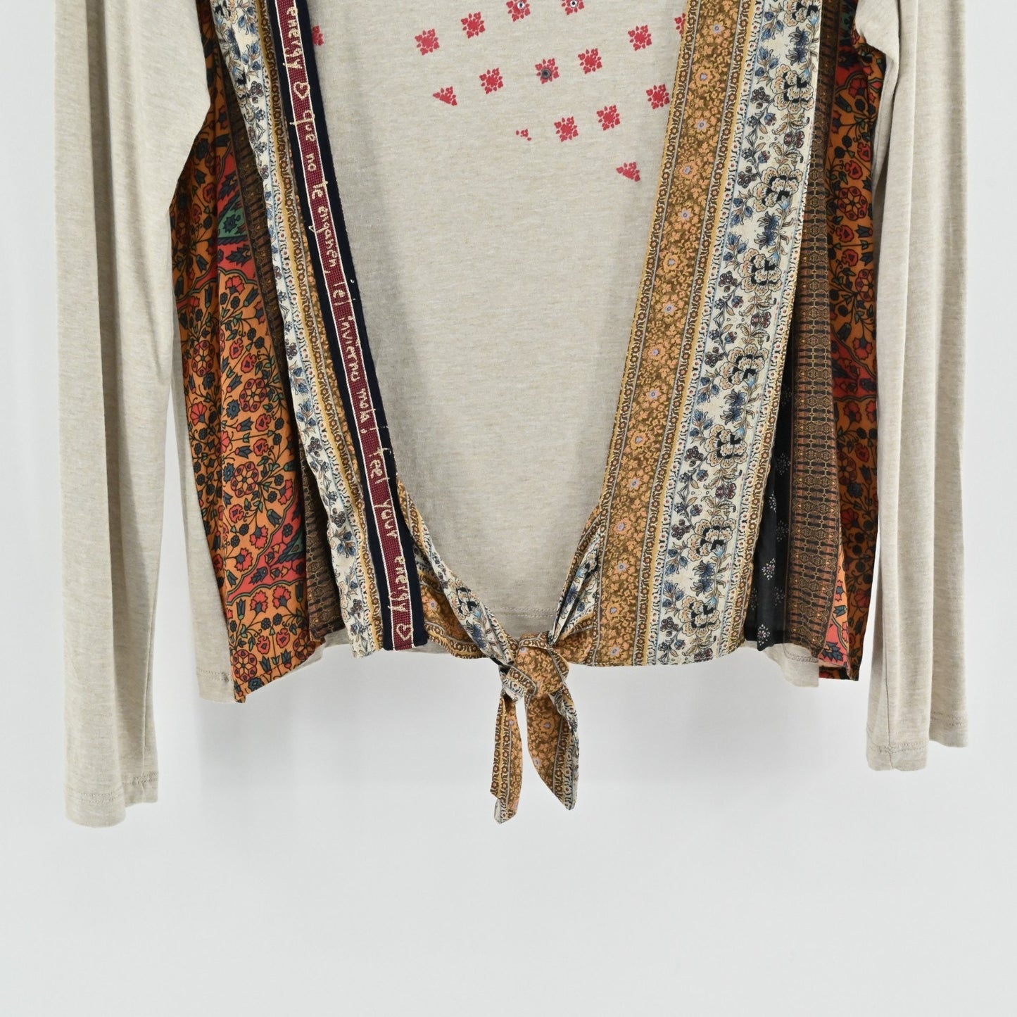 Desigual Womens Tie Front Patchwork Top Size XL Bohemian Artistic Long Sleeve