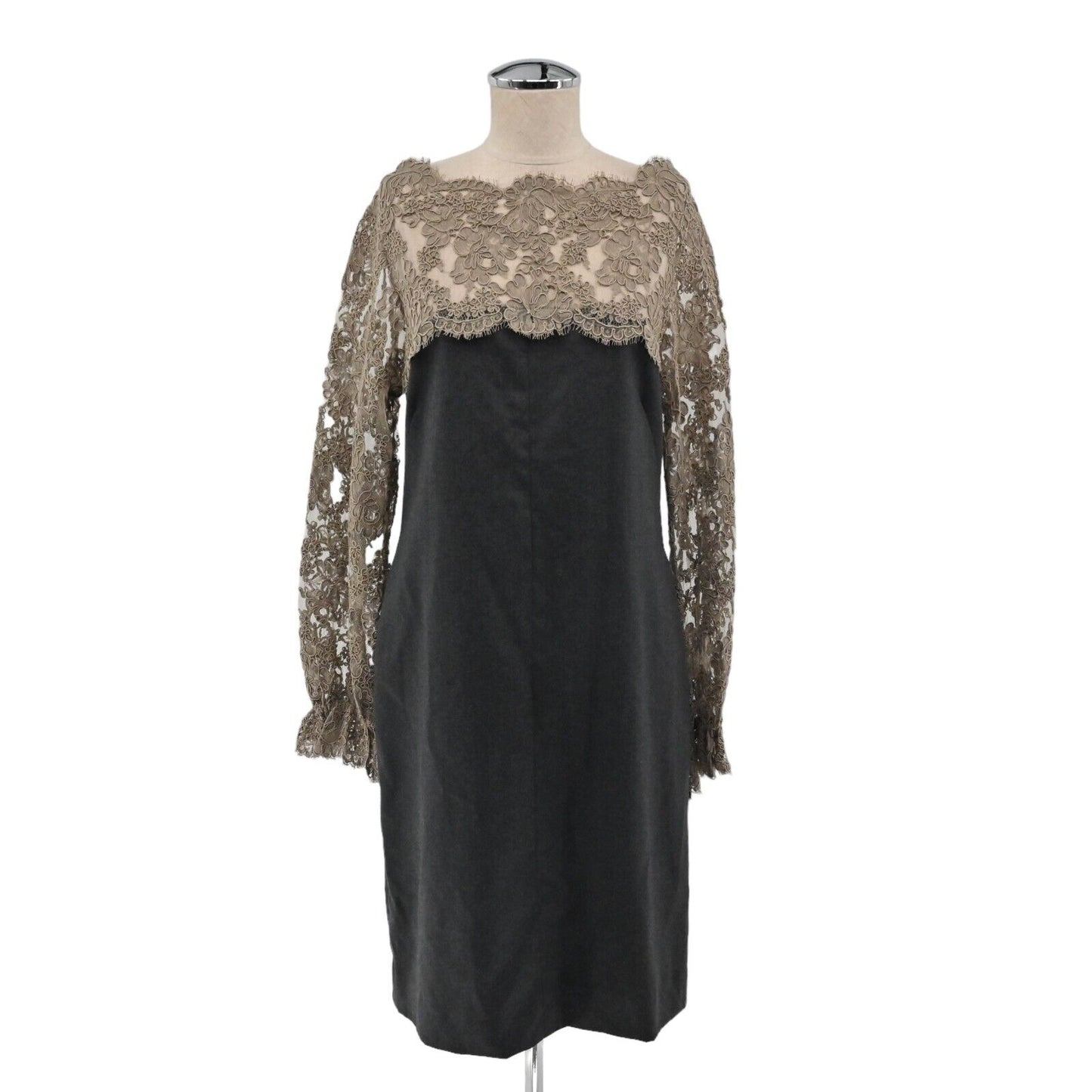 SHANNON MCLEAN Dress Womens Size S Black Brown Floral Lace Bell Sleeve Sheath