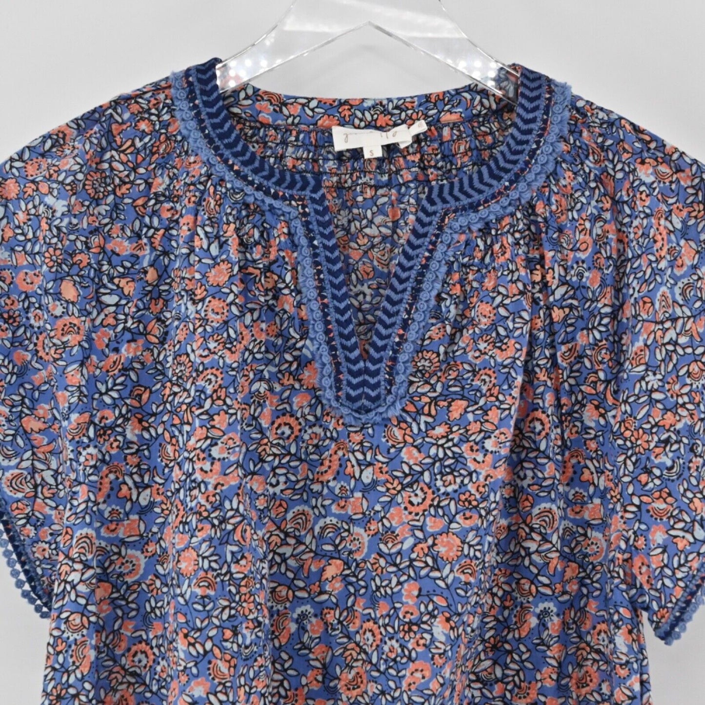 GEN HAPPY Energy Blouse Womens Size S Blue Floral 100% Cotton Embroidered Boho