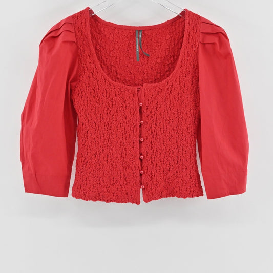 By Anthropologie Smocked Cardigan Size XS Red Button Up Puff Sleeve Top Boho