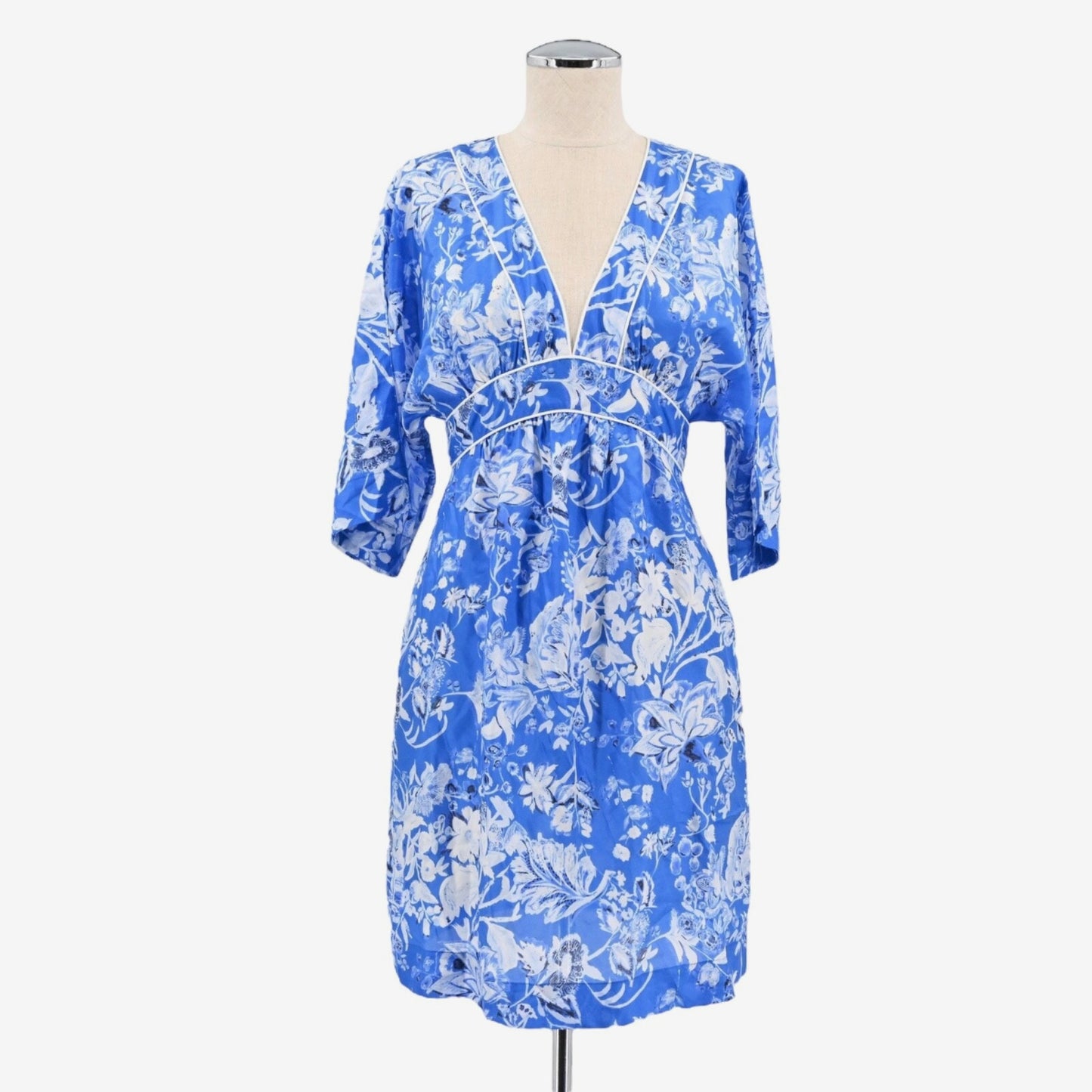 SOCAPRI Dress Sz 38 Blue Floral 100% Silk Dolman Sleeve Mini Geisha Deep V Neck