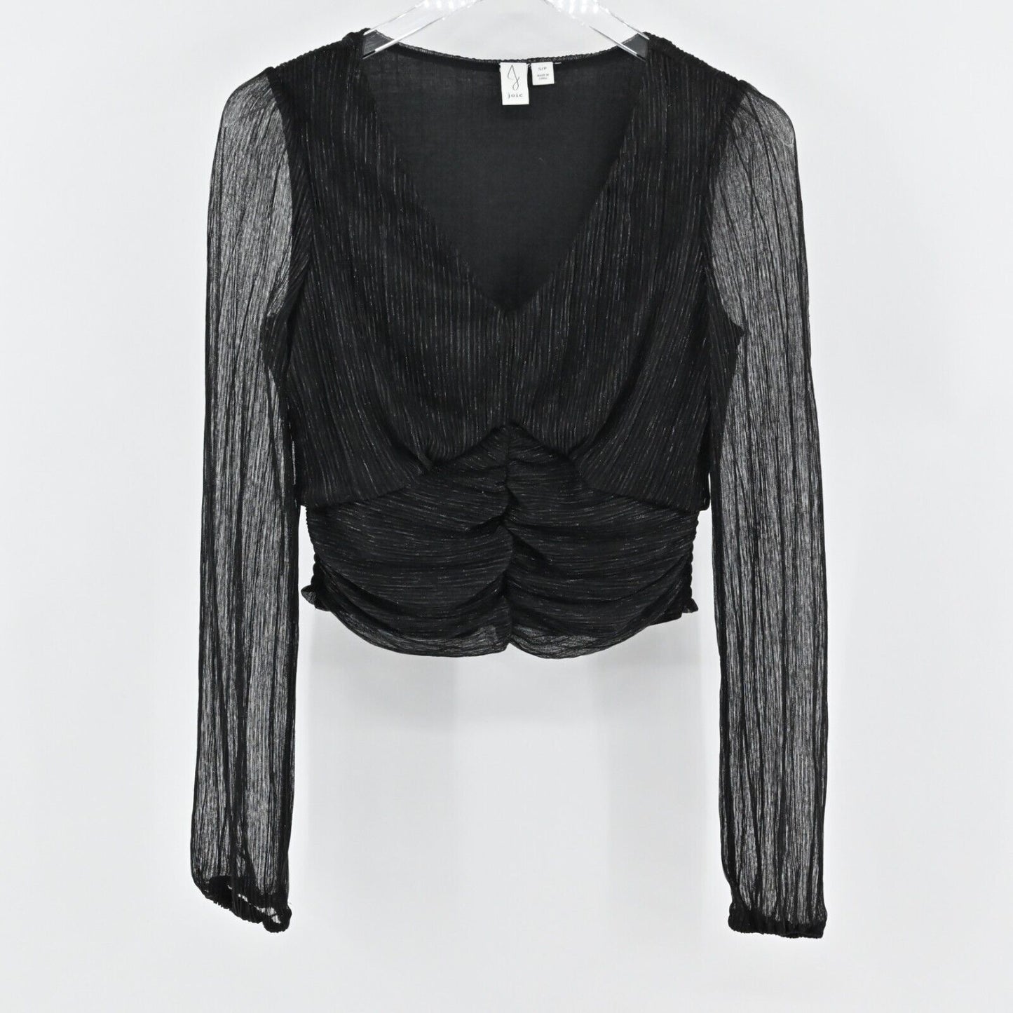 JOIE Top Womens Size S Black Metallic VNeck Gathered Blouse Semi Sheer Sleeves