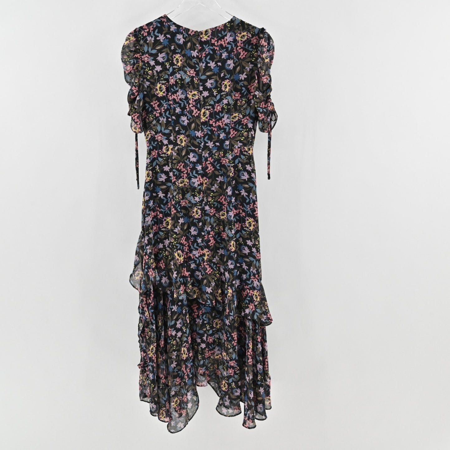 CeCe Tiered Midi Dress Size 2 Black Asymmetric Floral Print Ruched Short Sleeve