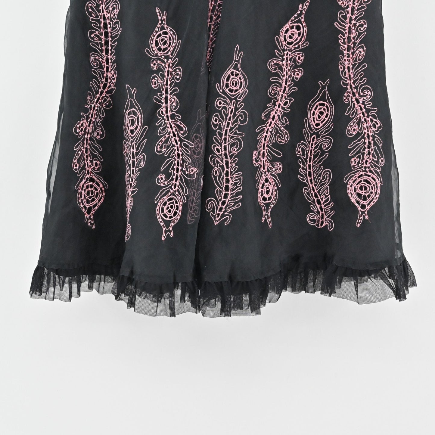 Vtg CAROLE LITTLE Skirt Size 8 Black Silk Pink Embroidered Tulle Witchy ALine